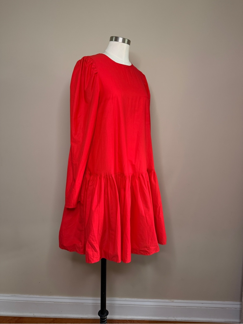 H&M Red Drop Waist Mini Dress Long Puff Sleeve Tiered Peplum Back Zip Sz 8